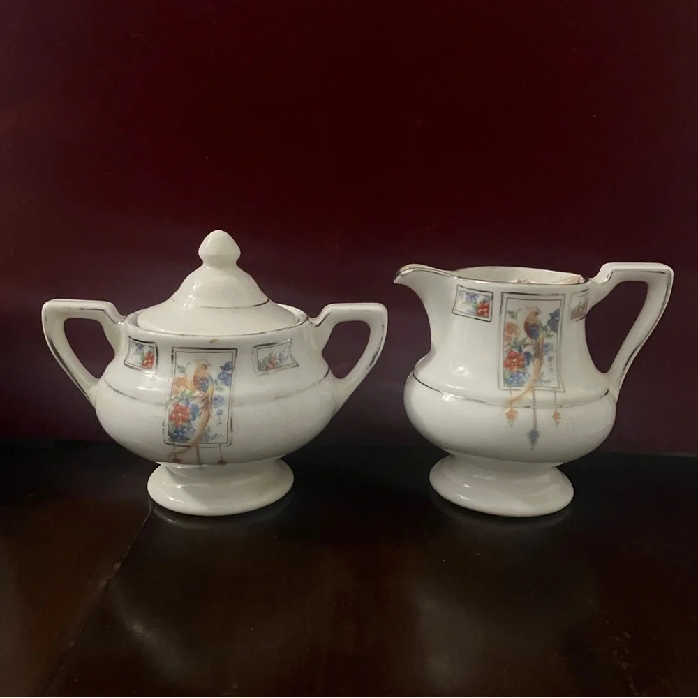 Vtg 1930s Fraunfelter Art Deco Royal Rochester Golden Pheasant Creamer & Sugar